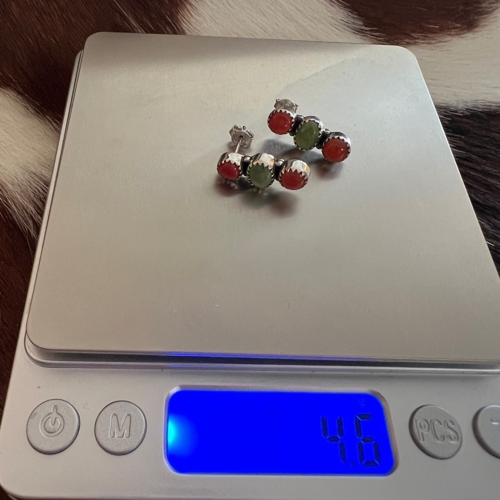 ❤️Italian Red Coral Emerald Valley Turquoise Navajo Style Post Back Earrings 925 - Picture 10 of 12